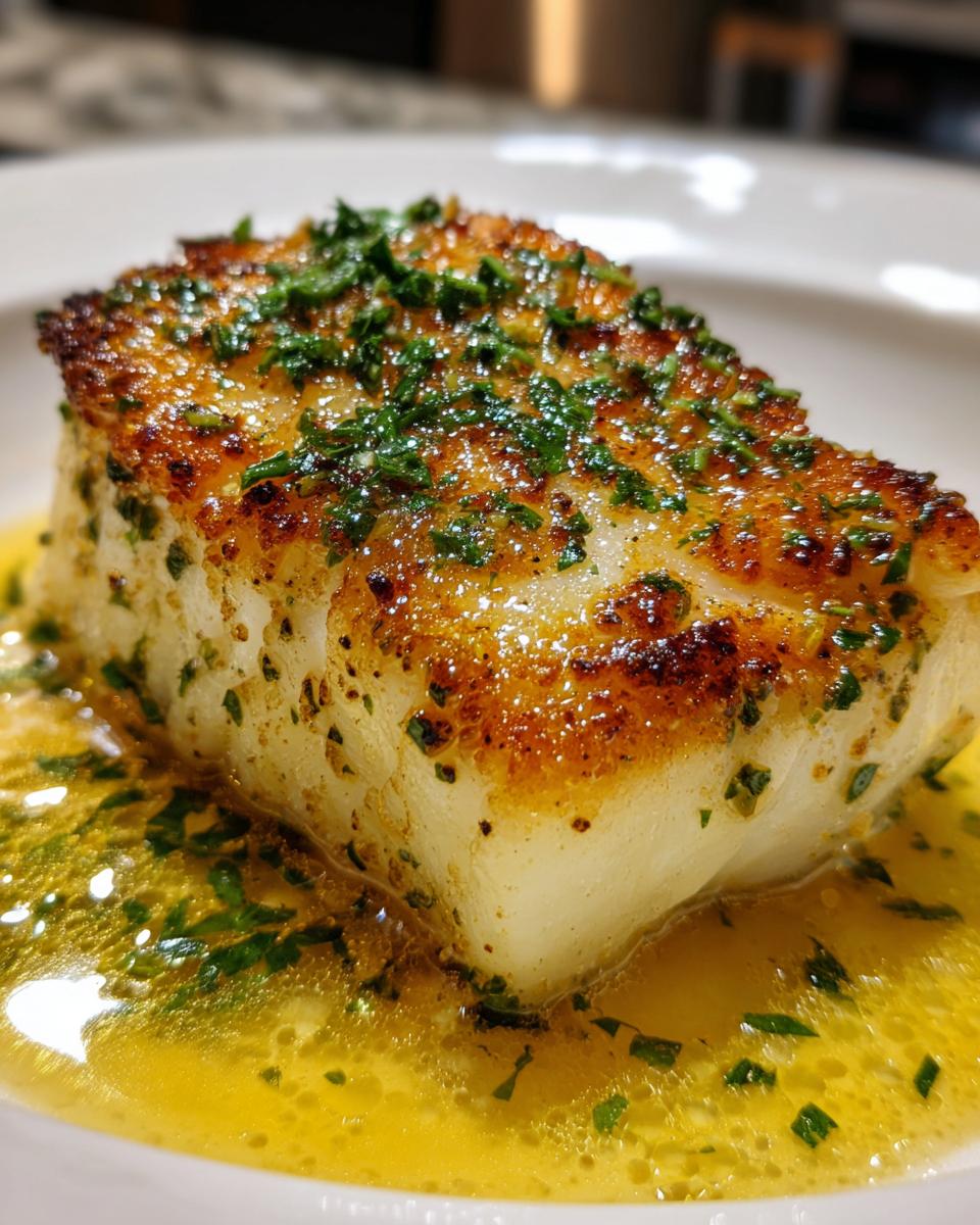 Close-up of a perfectly seared chilean sea bass recipe fillet topped with herbs in a rich butter sauce.