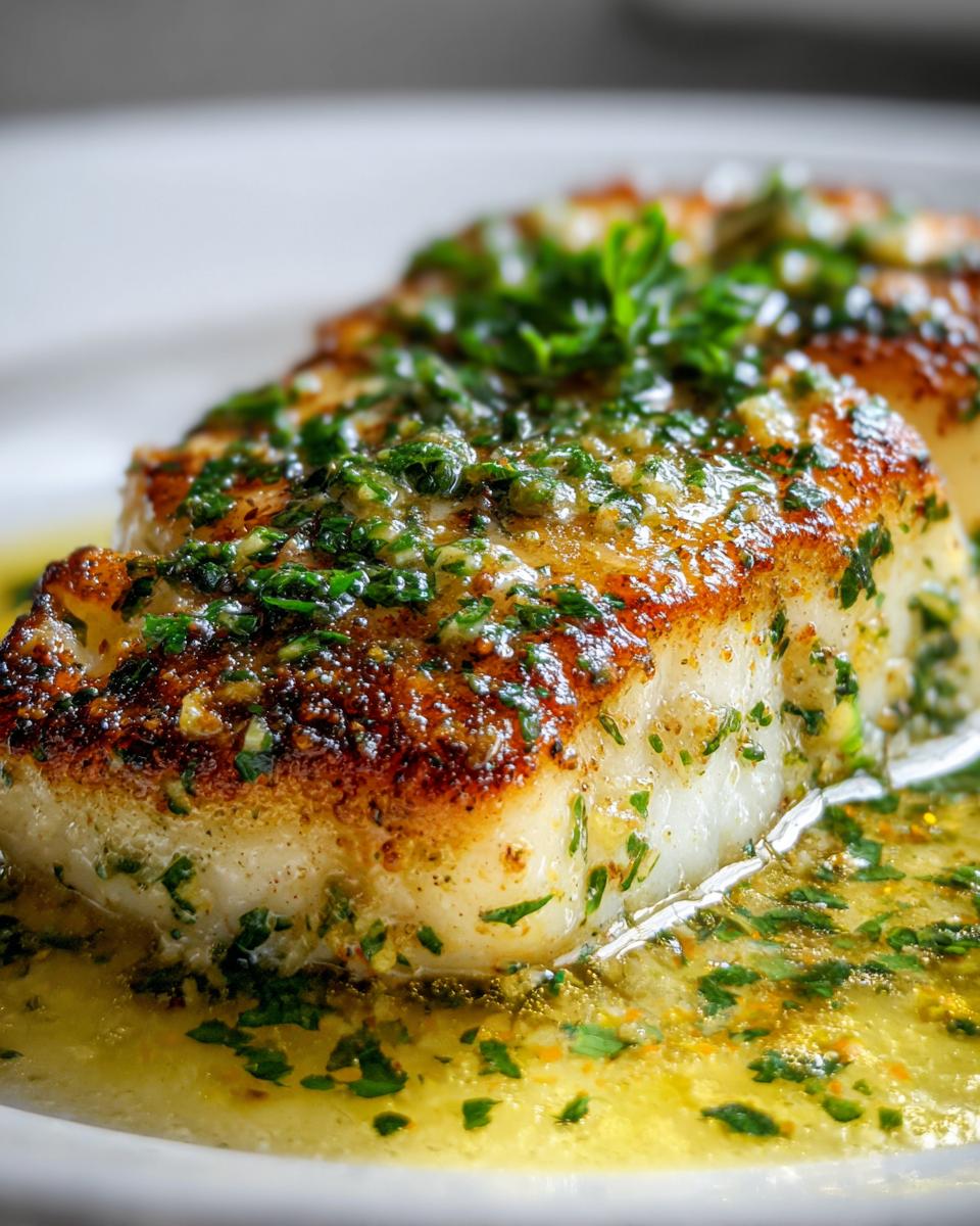 Close-up of a perfectly seared chilean sea bass recipe fillet topped with bright green herbs and rich butter sauce.