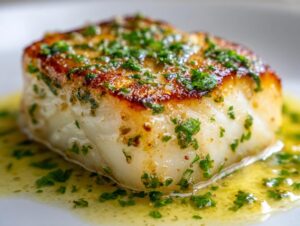 Close-up of a thick, perfectly seared chilean sea bass recipe fillet topped with fresh parsley and butter sauce.