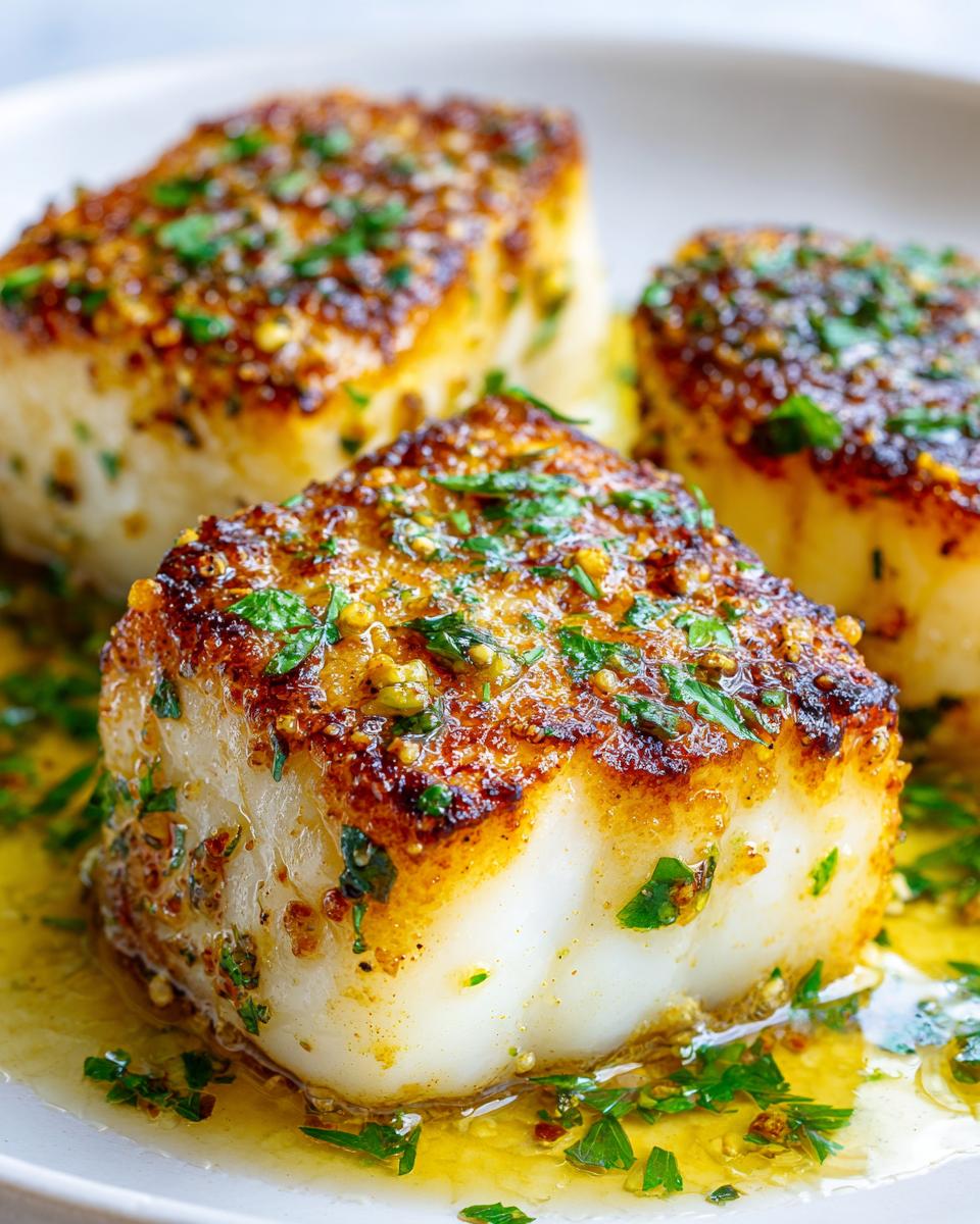 Close-up of three pan-seared Chilean sea bass recipe portions covered in herbs and butter sauce.