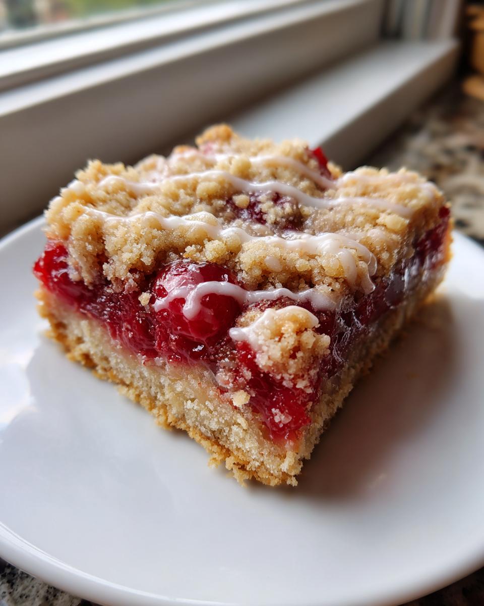 A close-up of a single square of cherry pie bars with a crumb topping and white glaze.