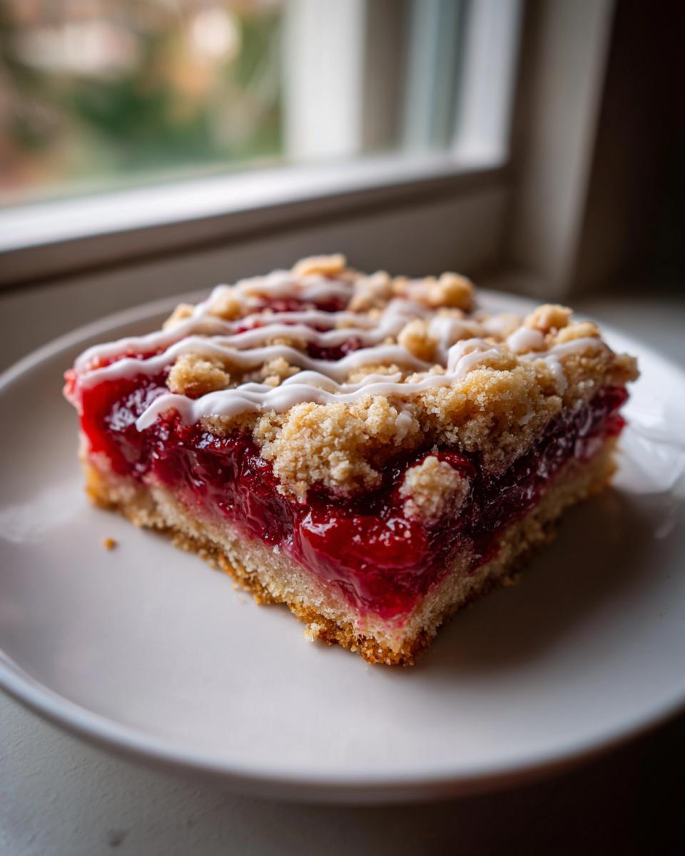 A single serving of cherry pie bars with a crumb topping and white icing drizzle on a white plate.