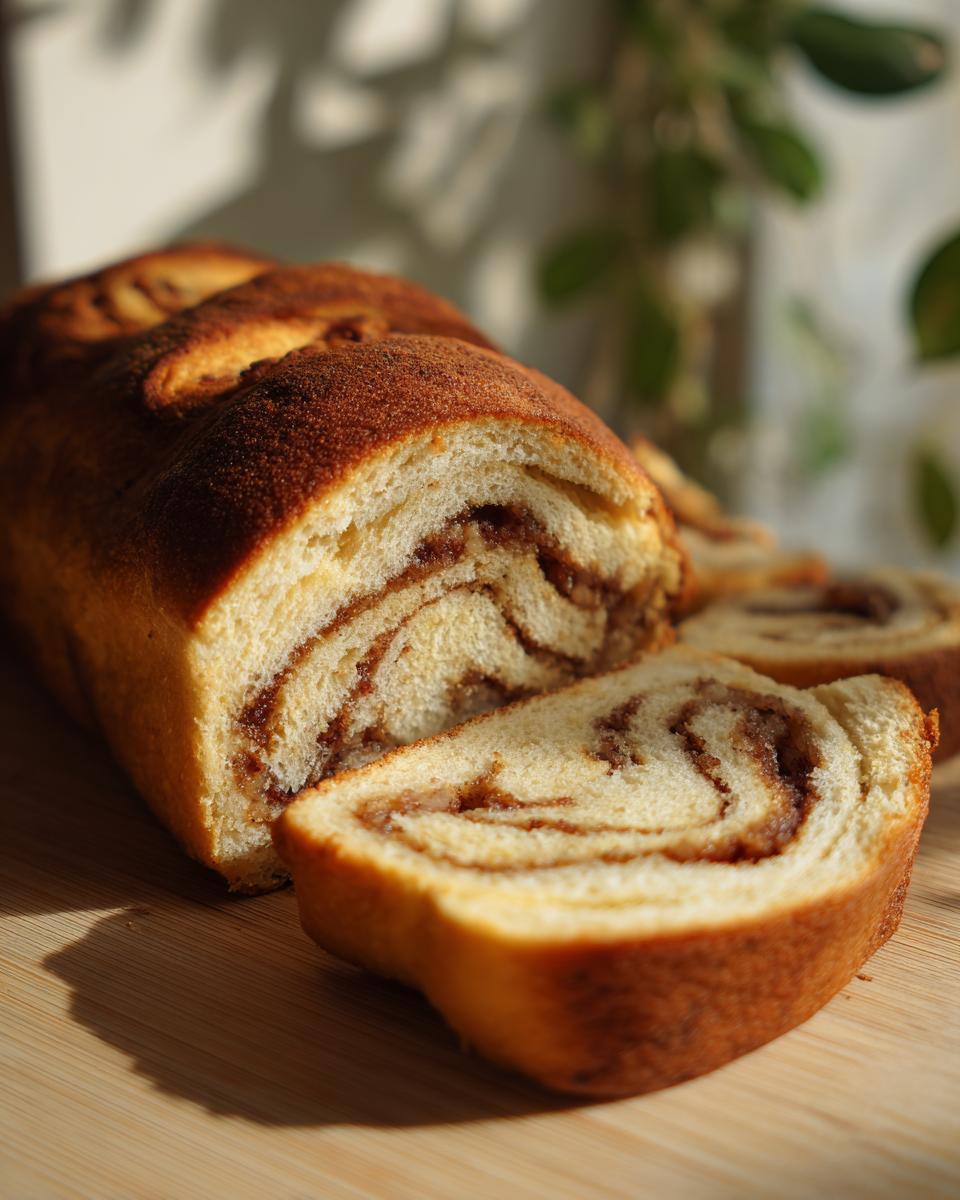 Close-up of a sliced loaf of italian nut roll cookies showing the rich, swirled nut filling inside the soft bread.