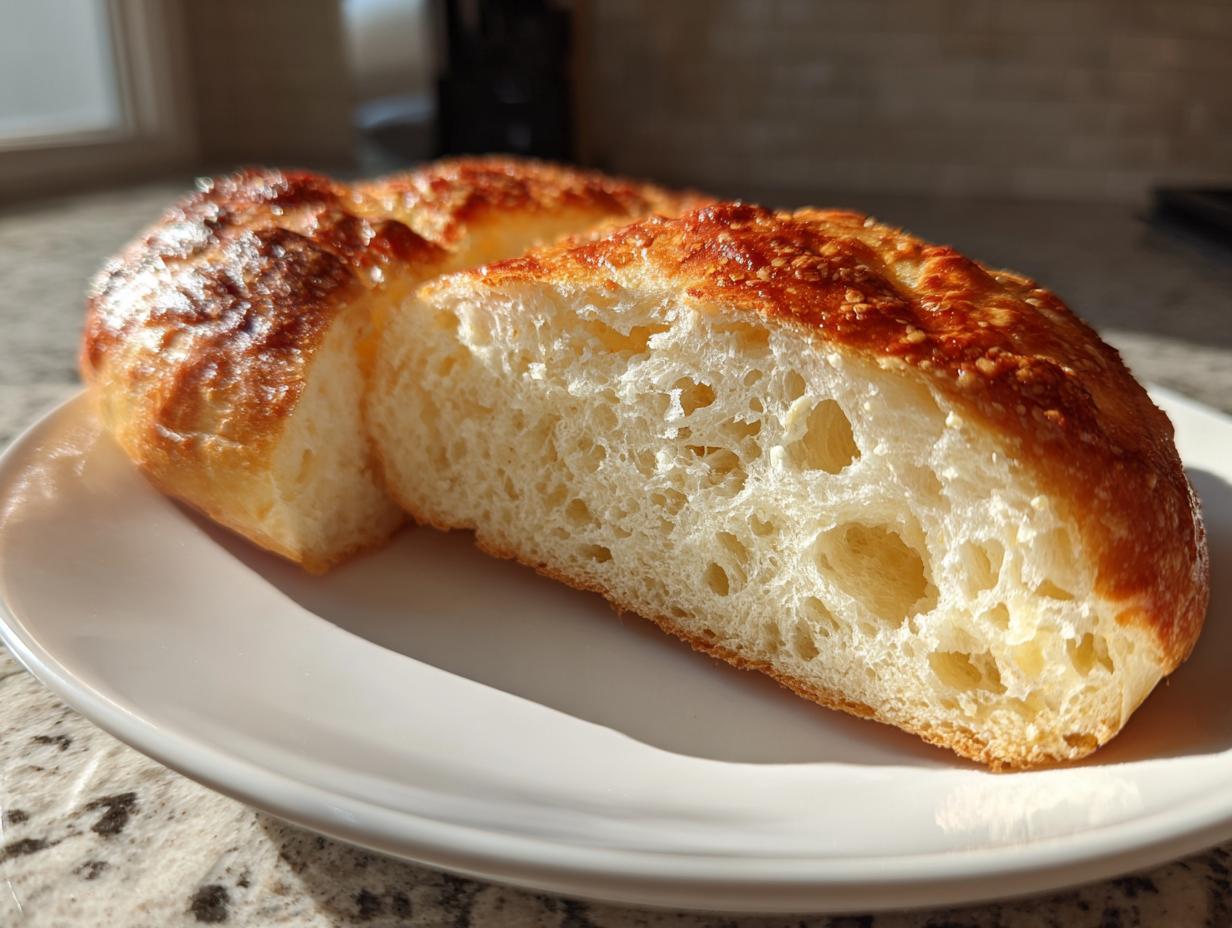 Cross-section view showing the airy, open crumb structure of a baked sourdough discard bagel.