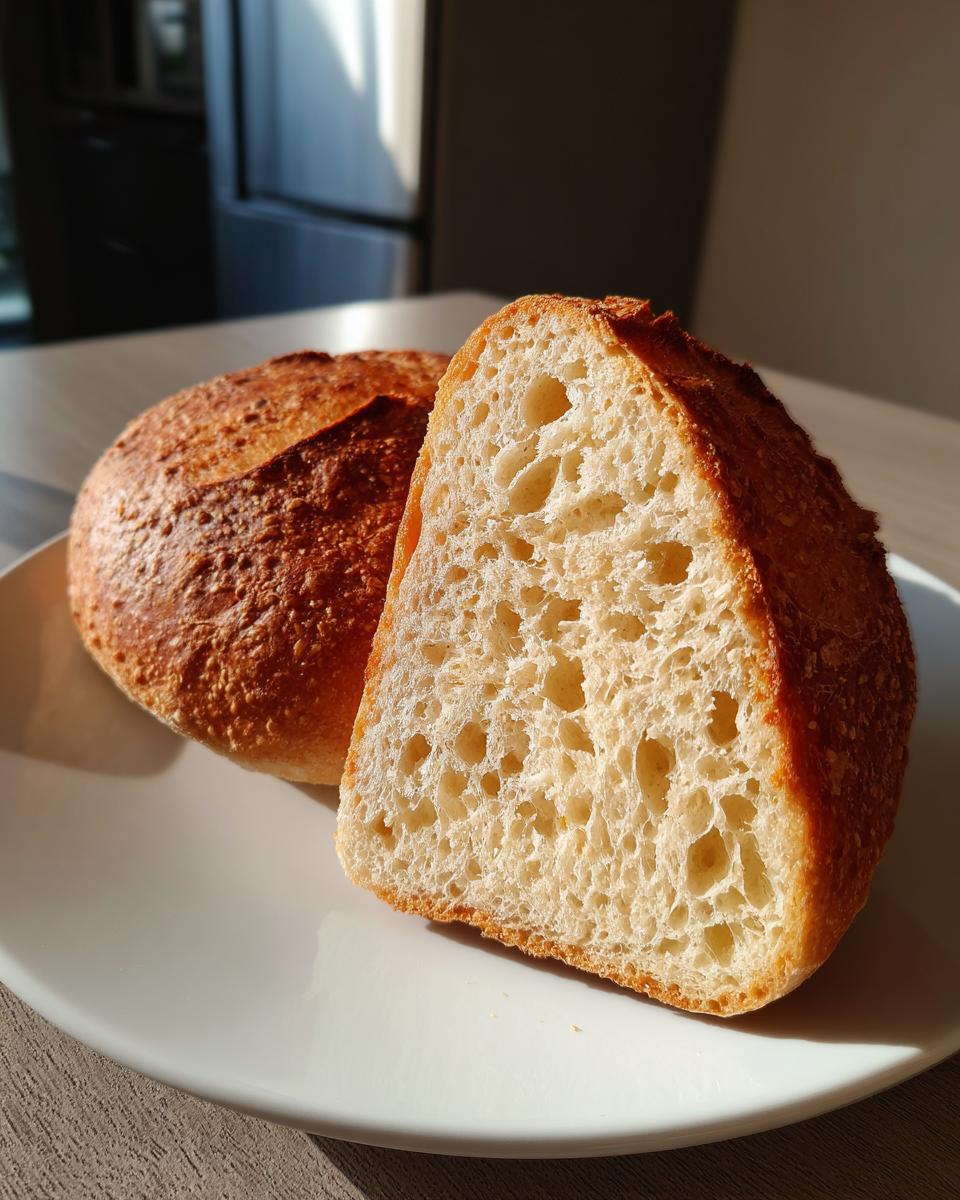 Close-up of a sourdough discard bagel cut in half showing the airy, open crumb structure.