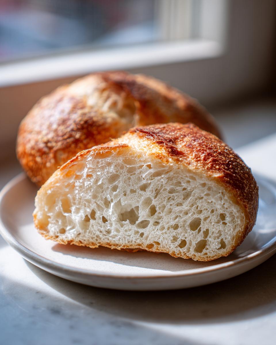 Close-up of a sliced sourdough discard bagel showing an open, airy crumb structure.