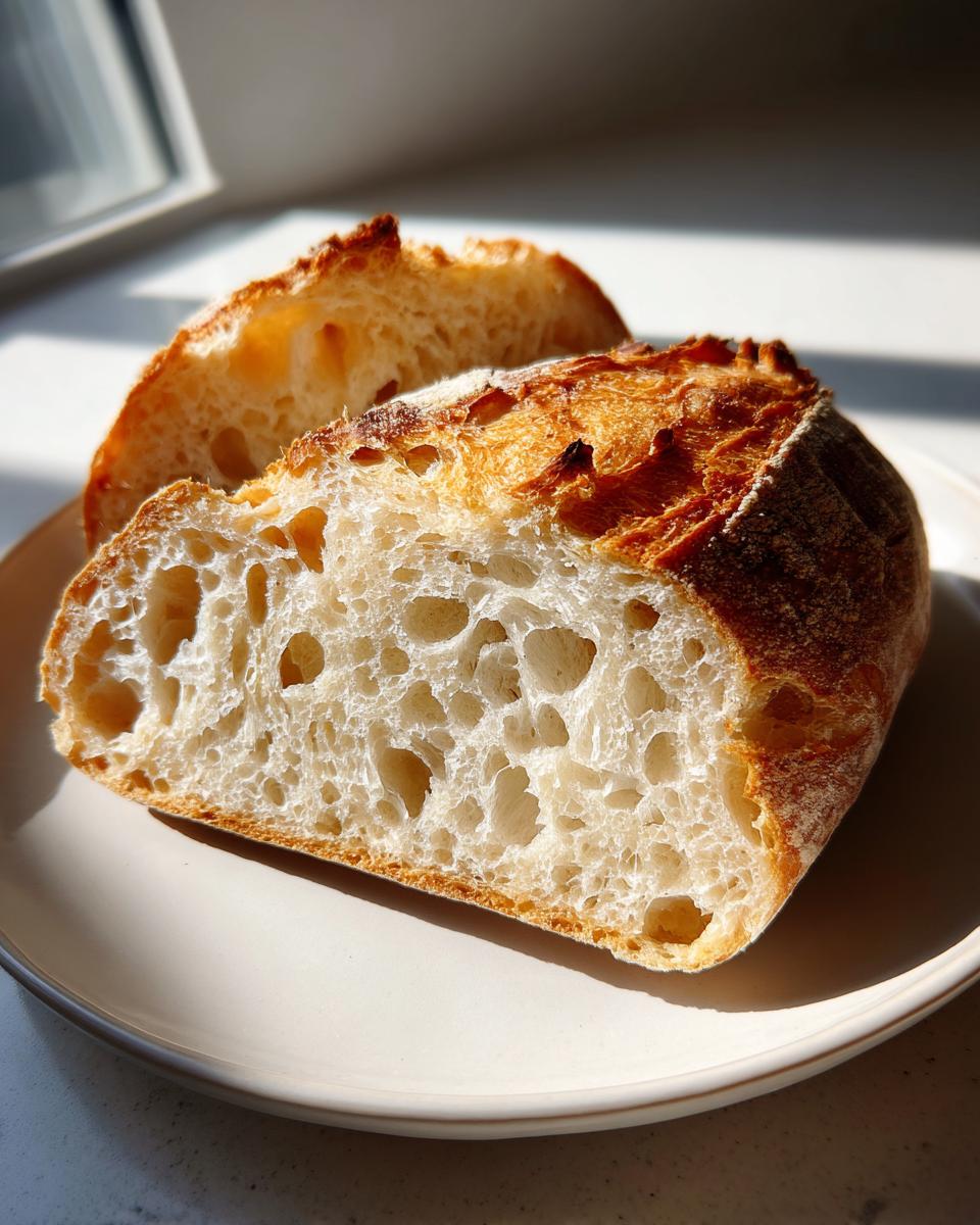 Close-up of the open crumb structure of a sliced sourdough discard bagel showing large air pockets.