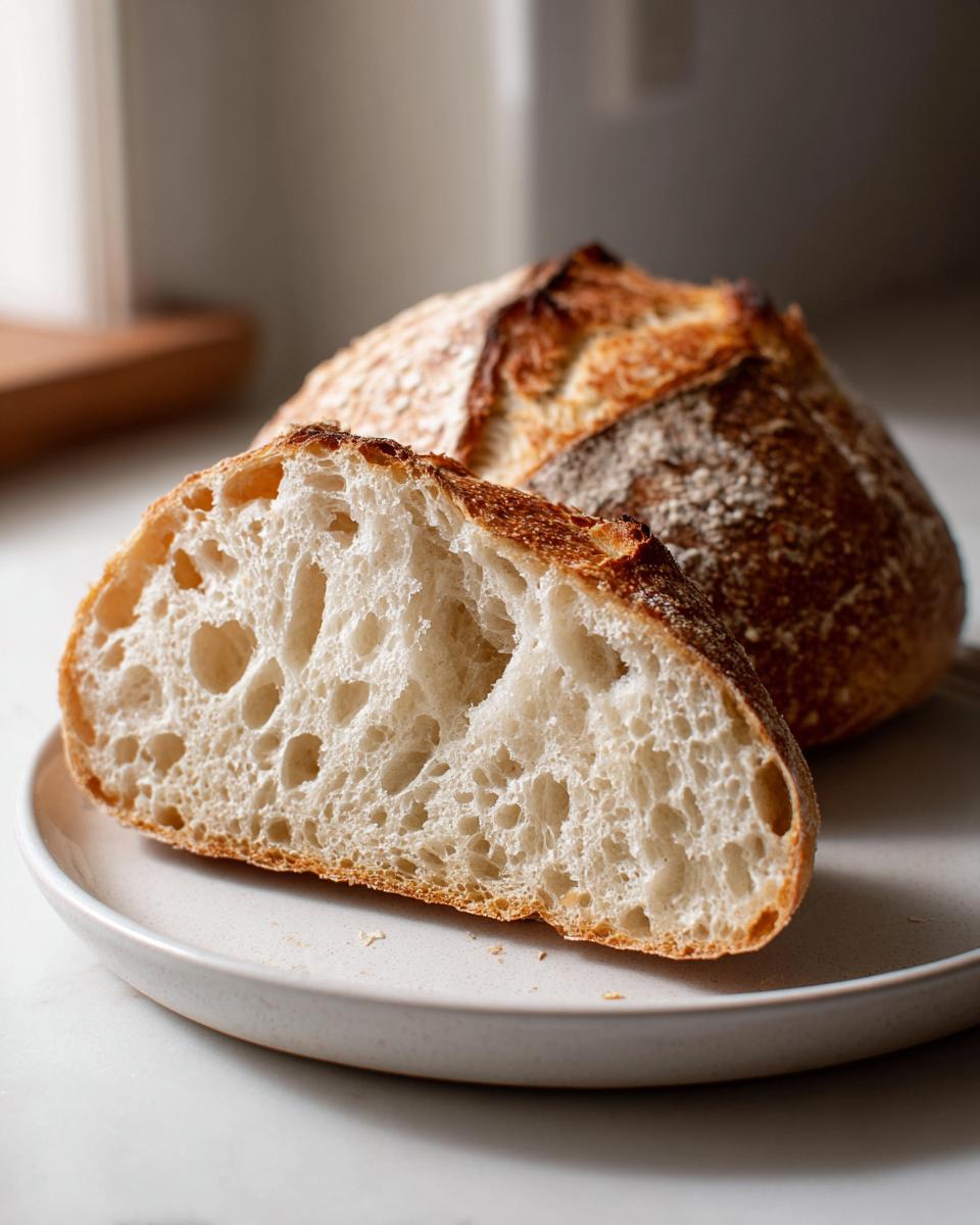Close-up of a sliced loaf showing the open, airy crumb structure of the sourdough discard bagels.
