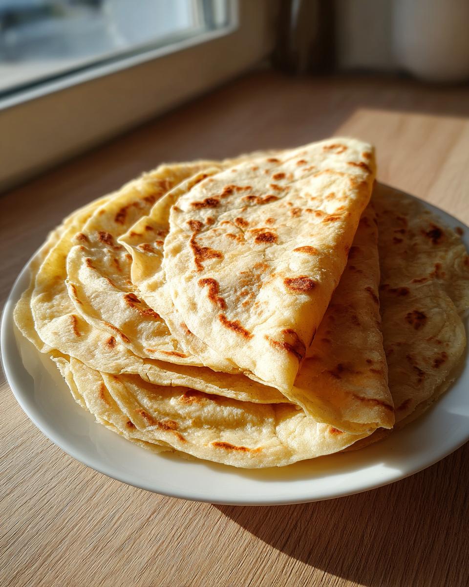 A stack of warm, lightly browned 3-ingredient corn tortillas resting on a white plate near a window.