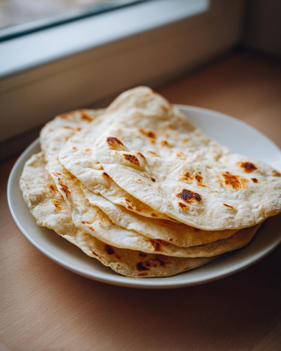 A stack of warm, lightly charred 3-ingredient corn tortillas resting on a small white plate near a window.