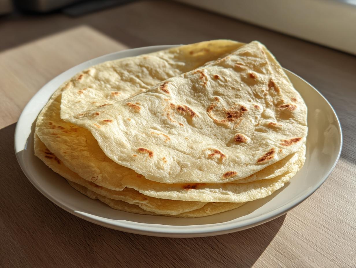 A stack of soft, lightly browned 3-ingredient corn tortillas resting on a white plate in natural sunlight.