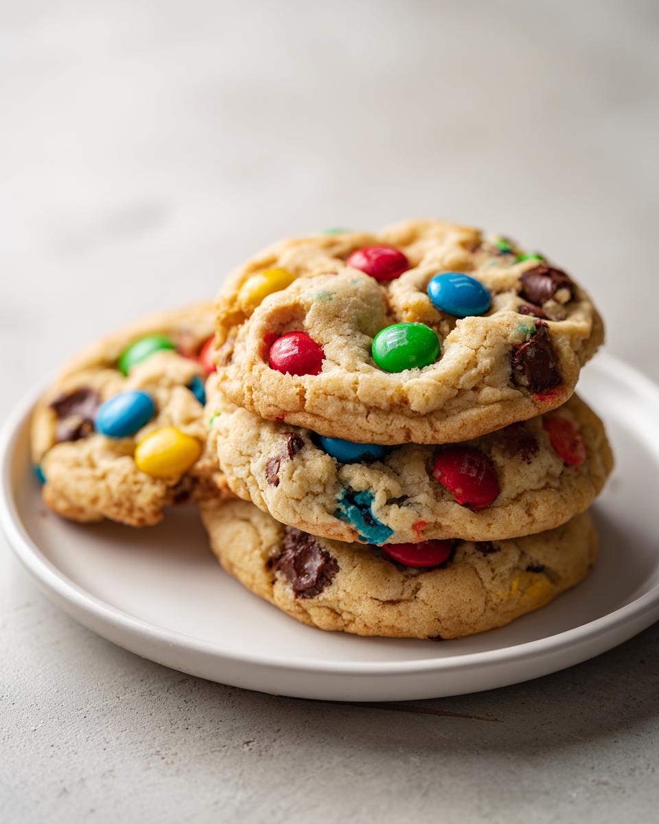 A stack of three soft, thick m&m cookies loaded with colorful candies and chocolate chips on a white plate.