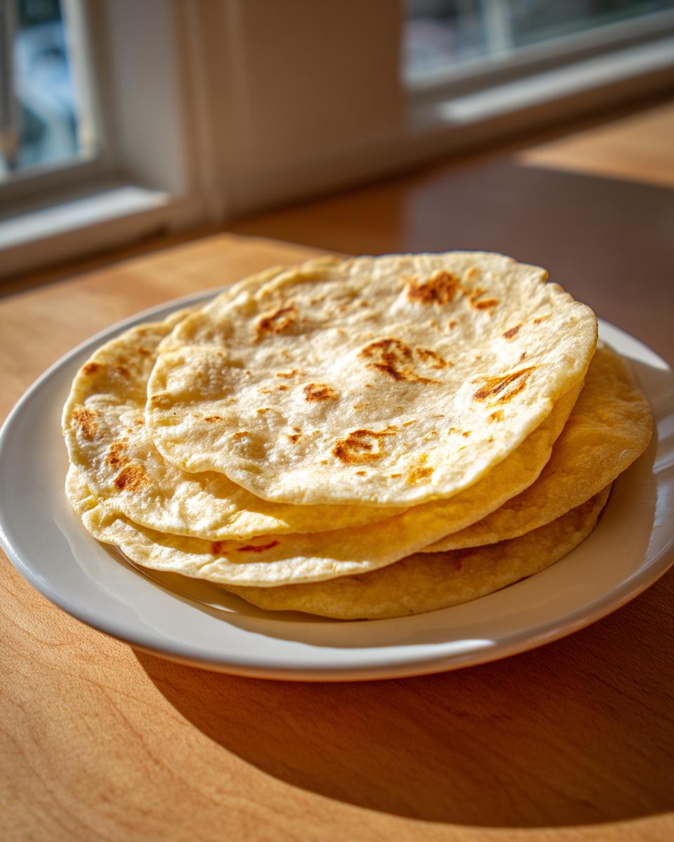 A stack of warm, lightly browned corn tortillas resting on a white plate near a sunlit window.