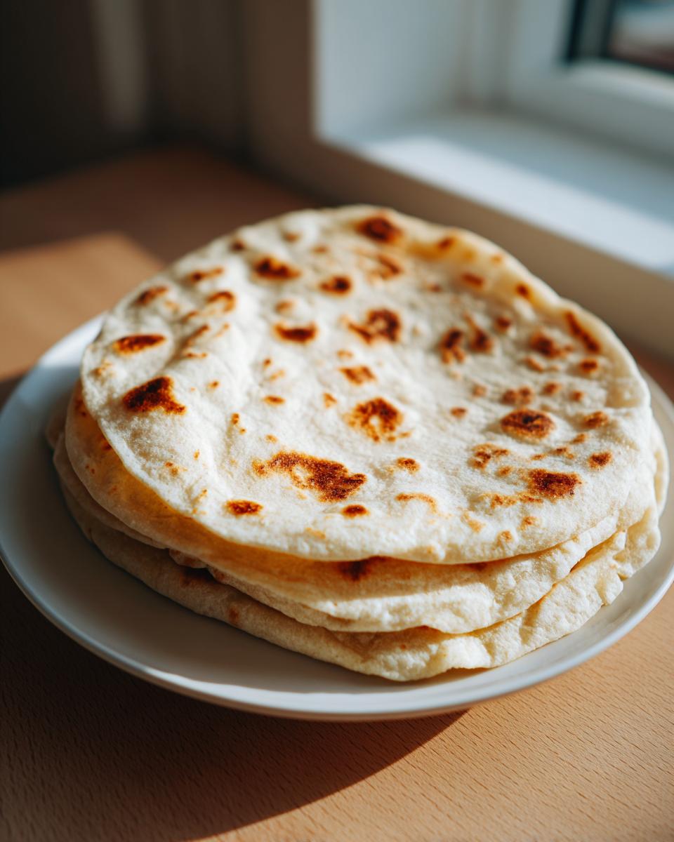 A stack of three freshly cooked, slightly charred corn tortillas resting on a white plate.