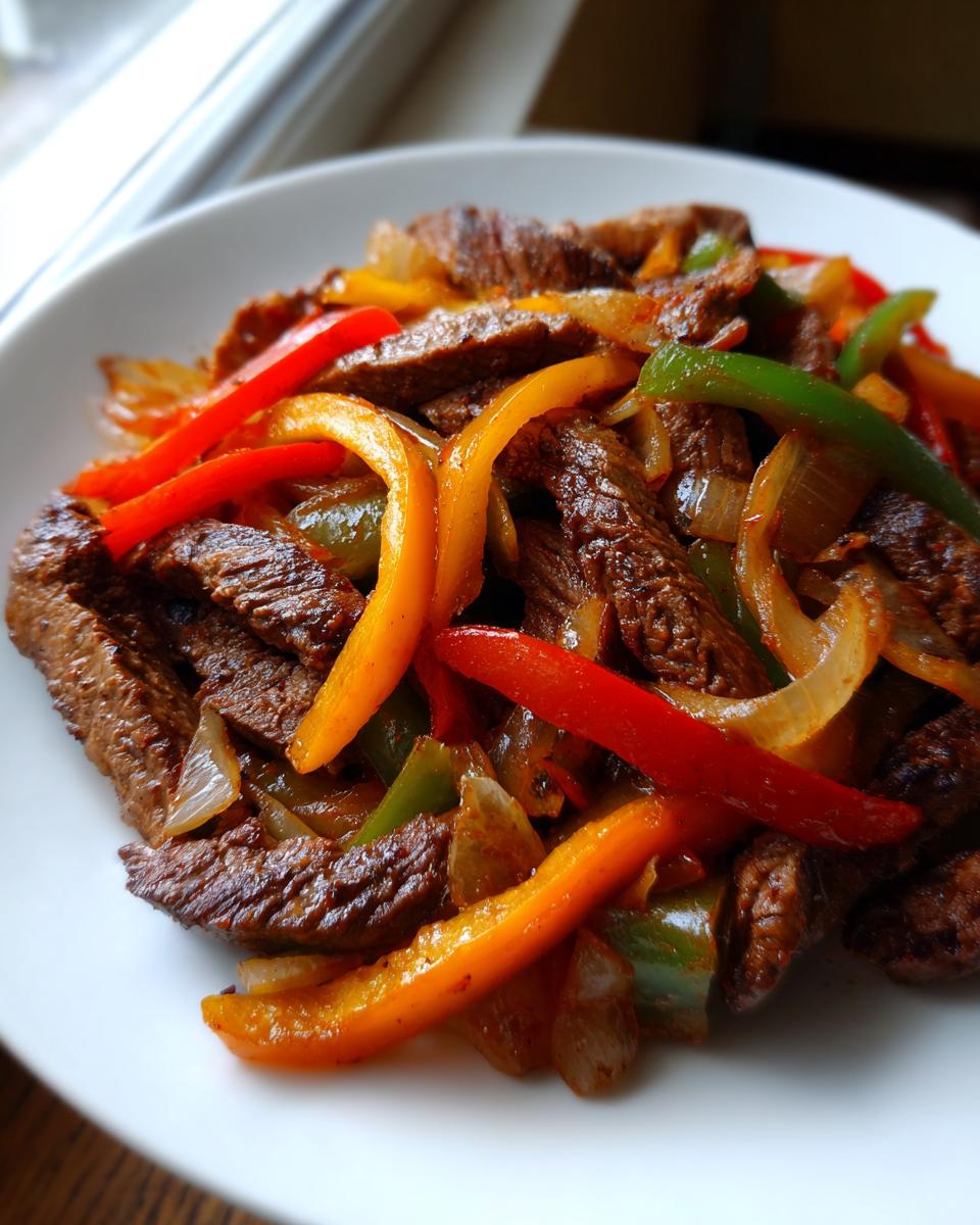 Close-up of perfectly cooked steak fajita strips mixed with sautéed red, yellow, and green bell peppers and onions.