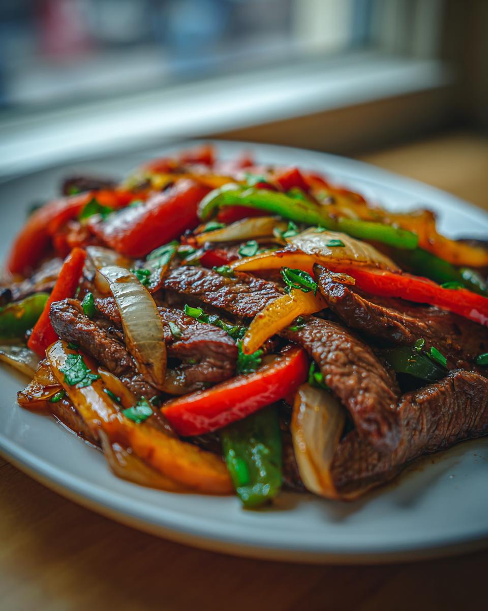 Close-up of sizzling steak fajita strips mixed with colorful sautéed bell peppers and onions on a white plate.