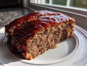 A thick slice of moist stove top stuffing meatloaf topped with a shiny, dark red glaze, resting on a white plate.