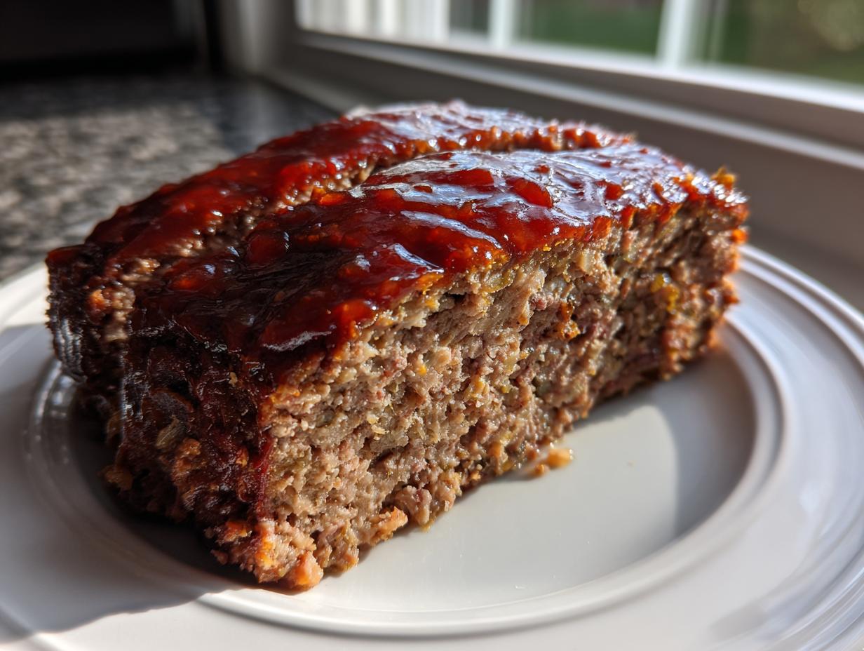 A thick slice of moist stove top stuffing meatloaf topped with a shiny, dark red glaze, resting on a white plate.