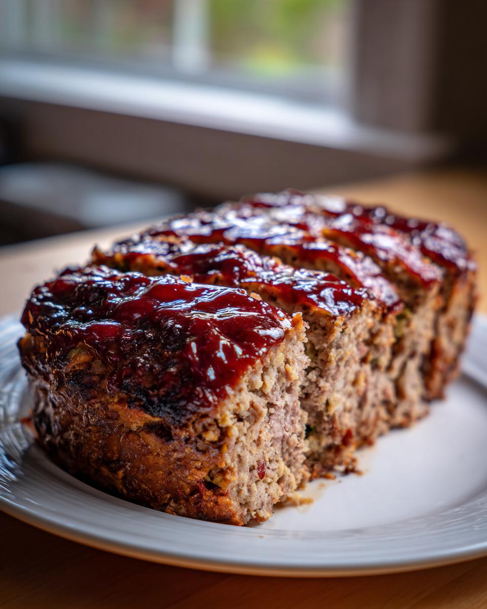 Close-up of sliced stove top stuffing meatloaf topped with a thick, glossy red glaze on a white plate.