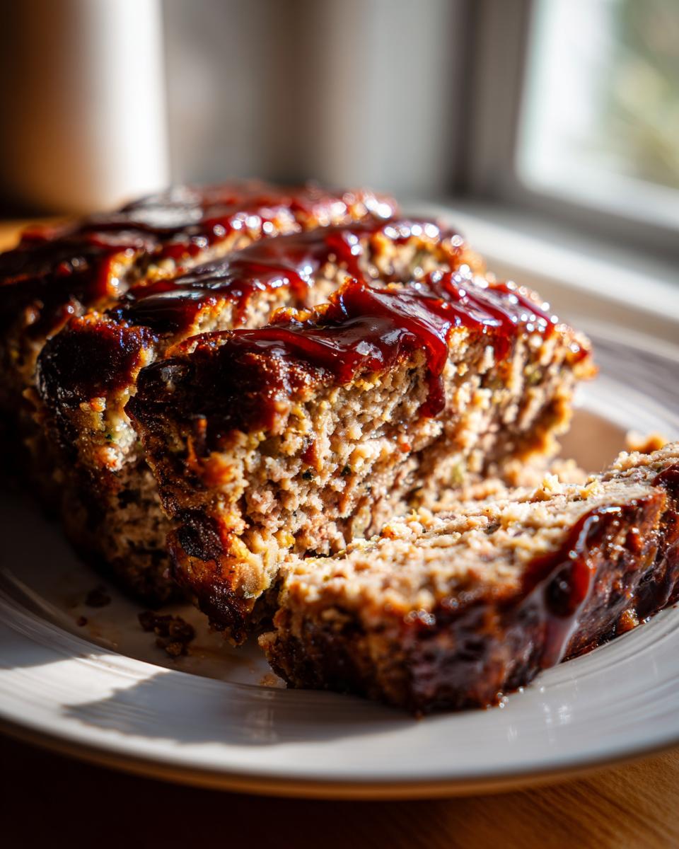 Close-up of sliced stove top stuffing meatloaf topped with a thick, shiny barbecue glaze.