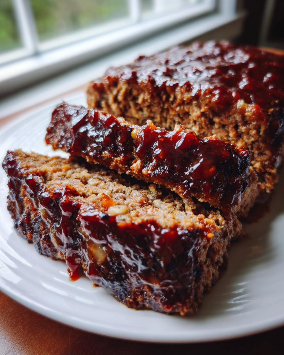 Two thick slices of moist stove top stuffing meatloaf covered in a shiny, dark glaze, resting on a white plate.