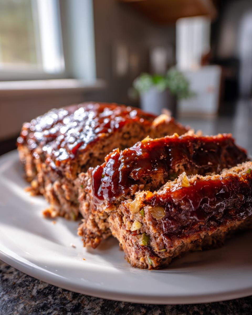 Close-up of sliced stove top stuffing meatloaf covered in a shiny, thick barbecue glaze on a white plate.