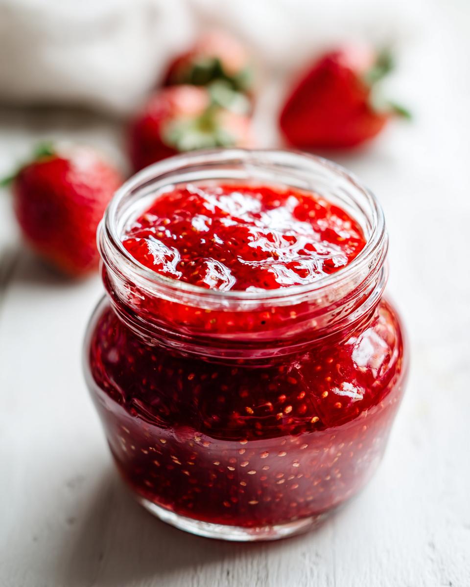 Close-up of a glass jar filled with bright red strawberry freezer jam, with fresh strawberries blurred in the background.