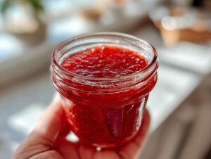 A hand holding a small glass jar filled with bright red strawberry freezer jam, ready for storage.