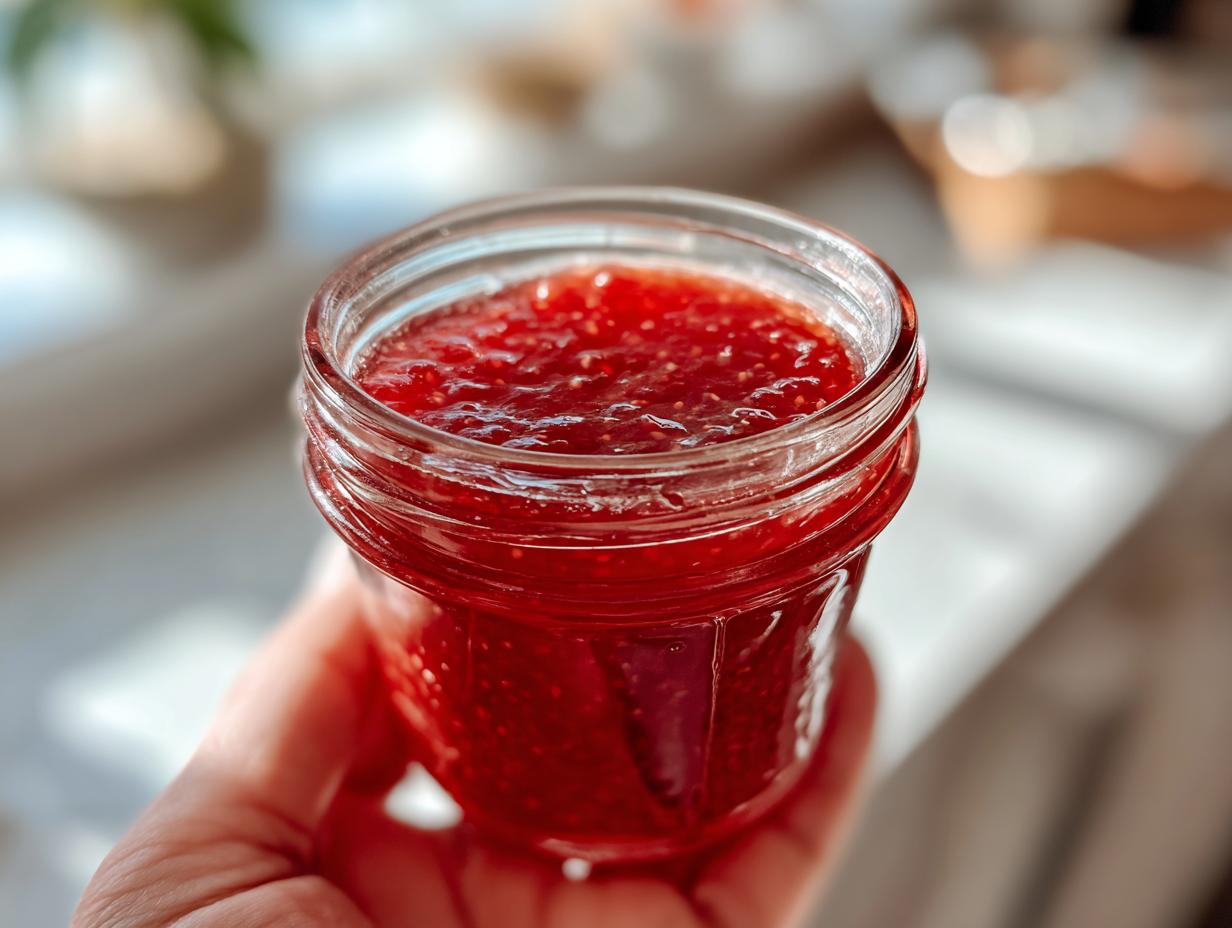 A hand holding a small glass jar filled with bright red strawberry freezer jam, ready for storage.