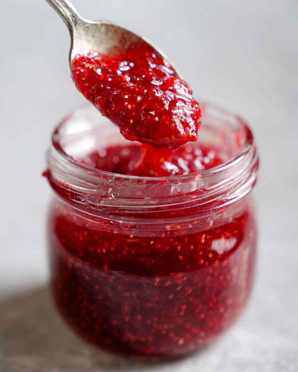 A spoonful of bright red, textured strawberry freezer jam being lifted from a glass jar.