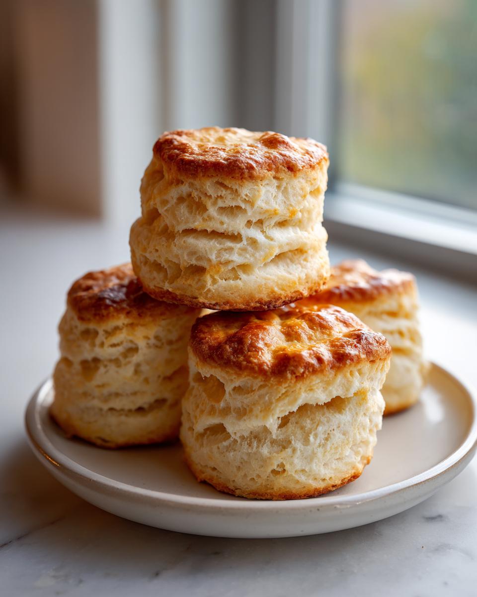 Four tall, flaky buttermilk biscuits stacked on a small white plate near a window.