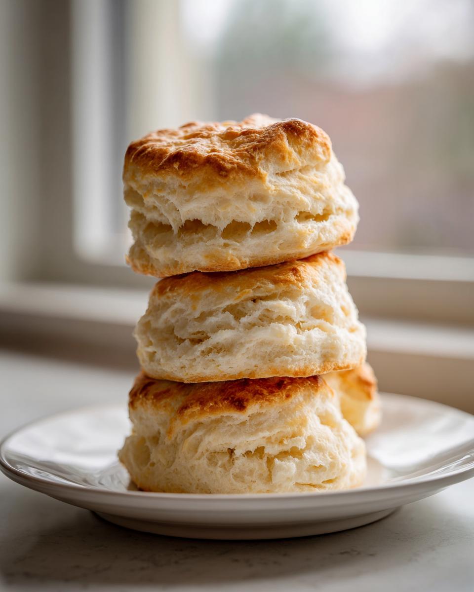 A stack of three tall, flaky buttermilk biscuits with golden tops sitting on a white plate.
