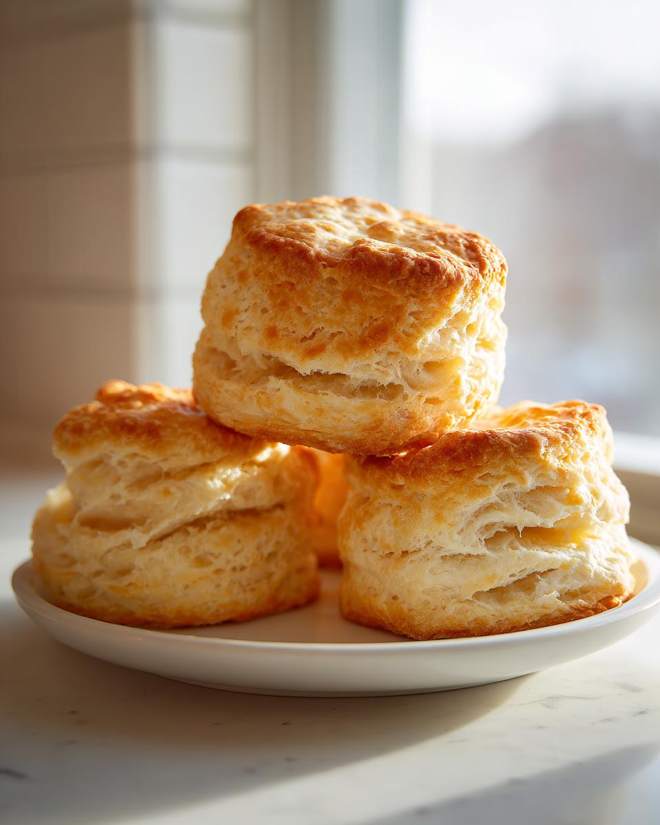 A stack of three golden-brown, tall buttermilk biscuits showing flaky layers, sitting on a small white plate.