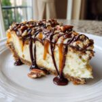 A decadent slice of turtle cheesecake topped with pecans, caramel, and chocolate sauce dripping down the side.