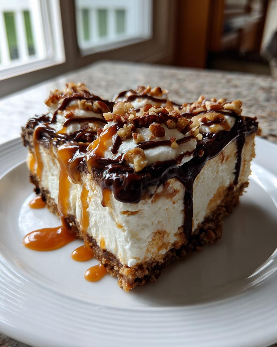 A decadent slice of turtle cheesecake topped with whipped cream, chocolate fudge, caramel drizzle, and pecans.