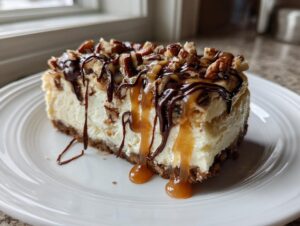 A decadent slice of turtle cheesecake topped with pecans, chocolate drizzle, and caramel sauce.
