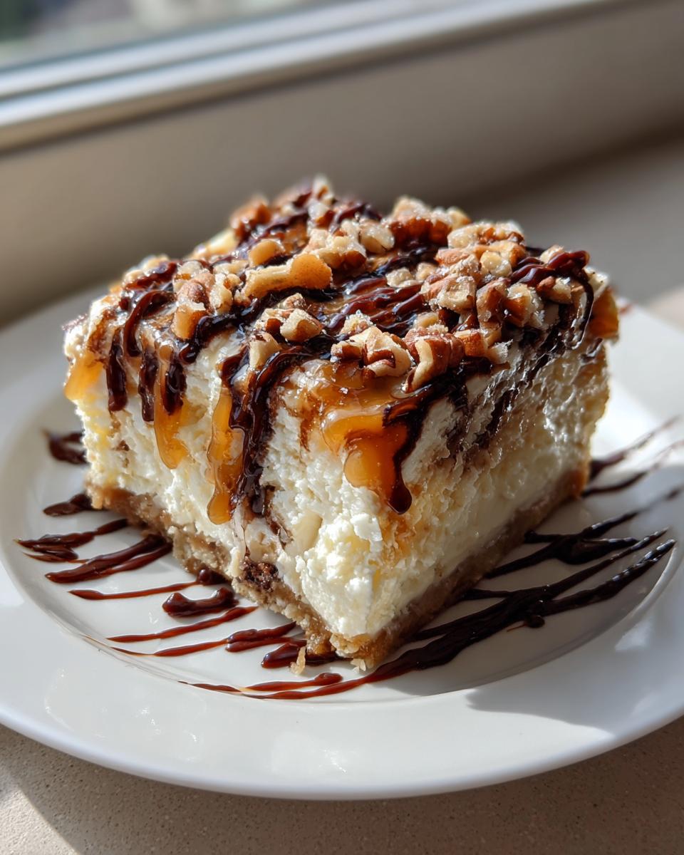 A perfect square slice of ultimate turtle cheesecake topped with pecans, caramel, and chocolate drizzle.