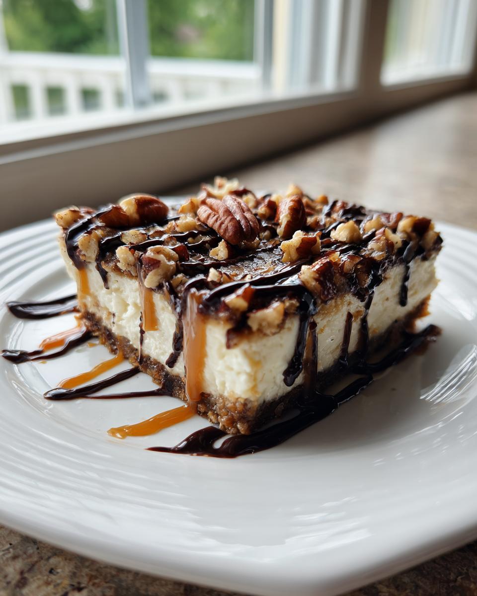 A decadent square slice of turtle cheesecake topped with pecans, chocolate syrup, and caramel drizzle.