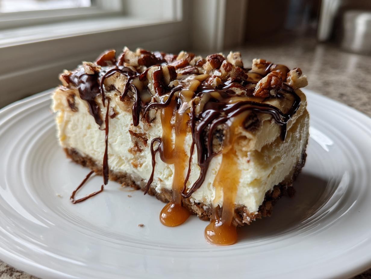 A decadent slice of turtle cheesecake topped with pecans, chocolate drizzle, and caramel sauce.
