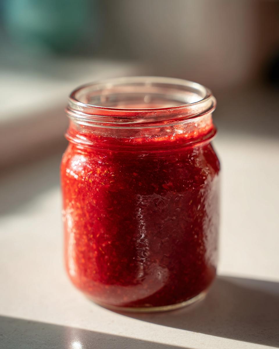 Close-up of a small glass jar filled with vibrant, chunky red freezer jam, illuminated by sunlight.