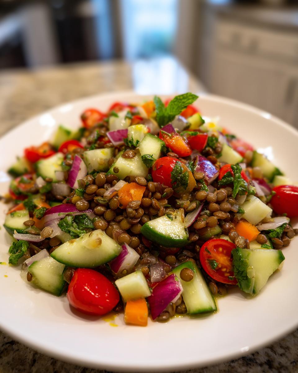 Close-up of a fresh lentil salad featuring brown lentils, chopped cucumber, red onion, cherry tomatoes, and mint garnish.