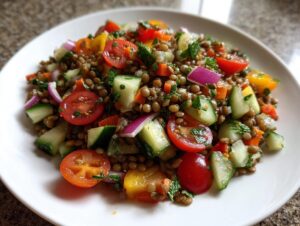 Close-up of a colorful lentil salad featuring lentils, chopped cucumber, cherry tomatoes, and red onion.