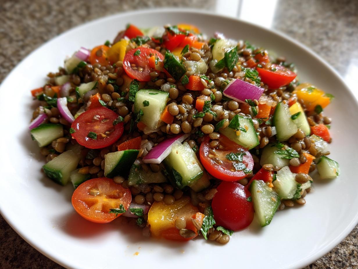 Close-up of a colorful lentil salad featuring lentils, chopped cucumber, cherry tomatoes, and red onion.