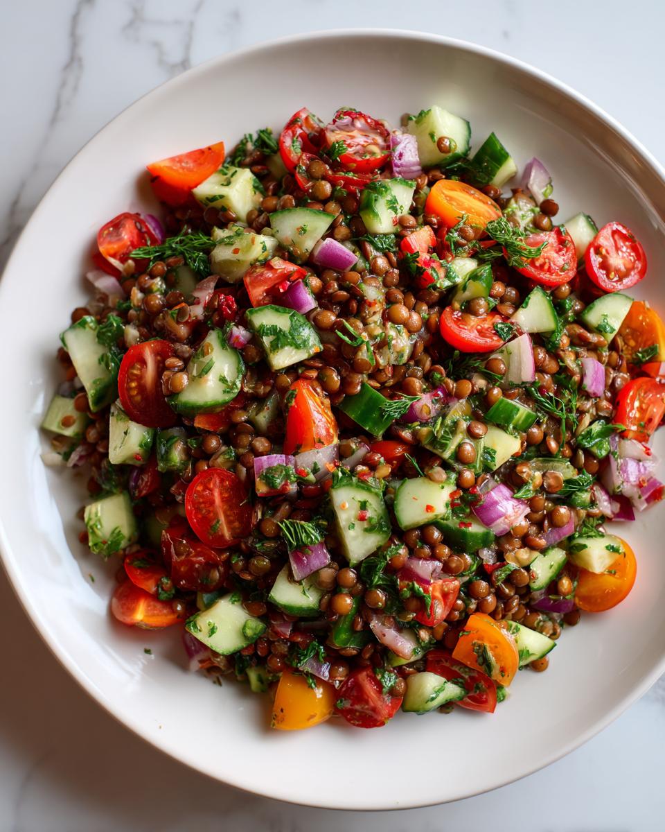 Overhead view of a vibrant lentil salad mixed with chopped tomatoes, cucumber, and red onion on a white plate.