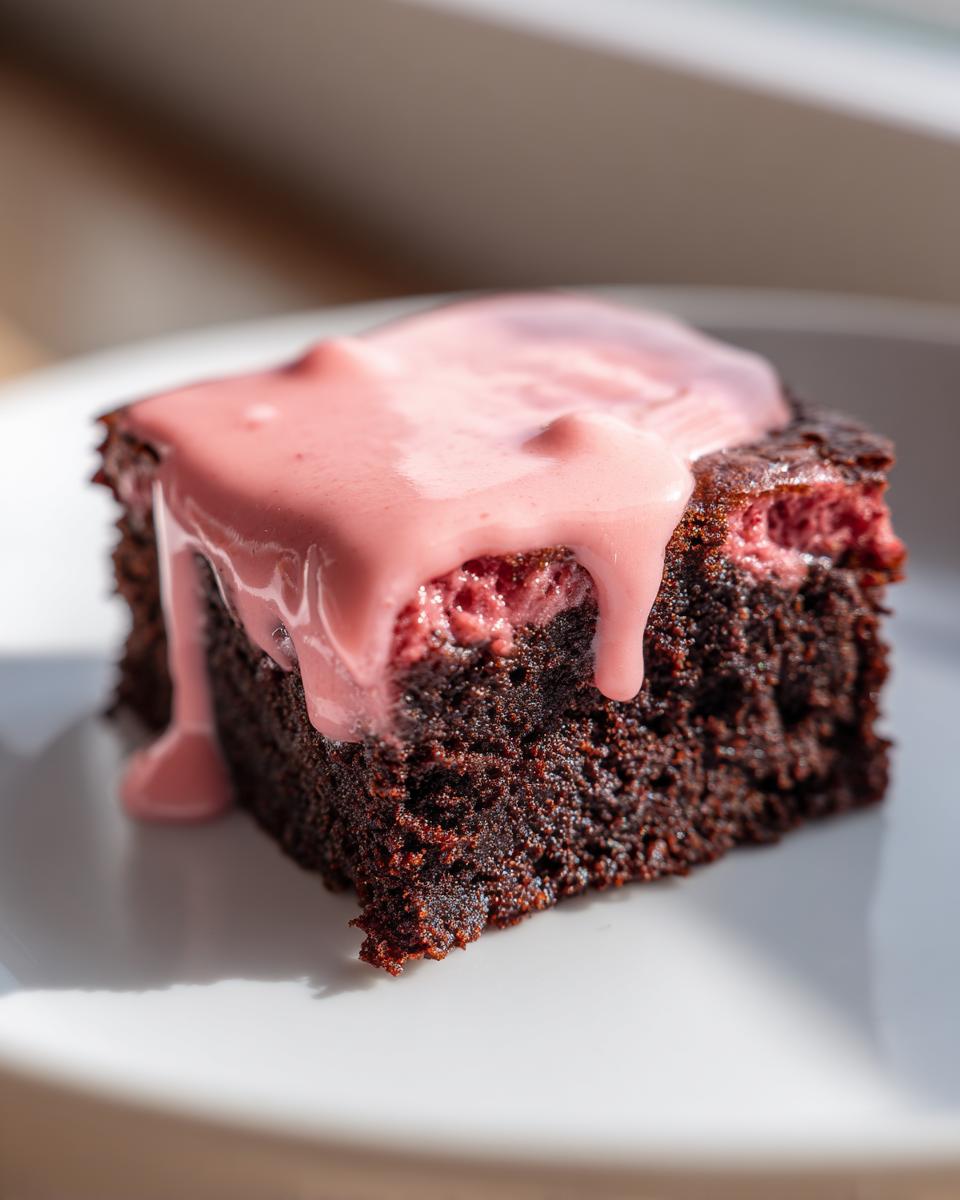 A square slice of rich, dark chocolate strawberry brownies topped with a thick, dripping pink strawberry glaze.