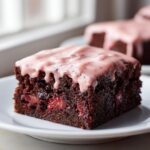 A square of rich, dark chocolate strawberry brownies topped with a thick, dripping pink strawberry glaze.