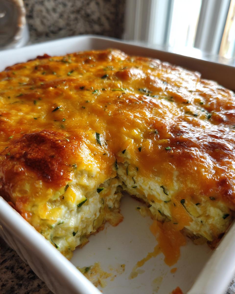 A square portion removed from a baked Addictive Zucchini Casserole showing the creamy interior and golden melted cheese topping.