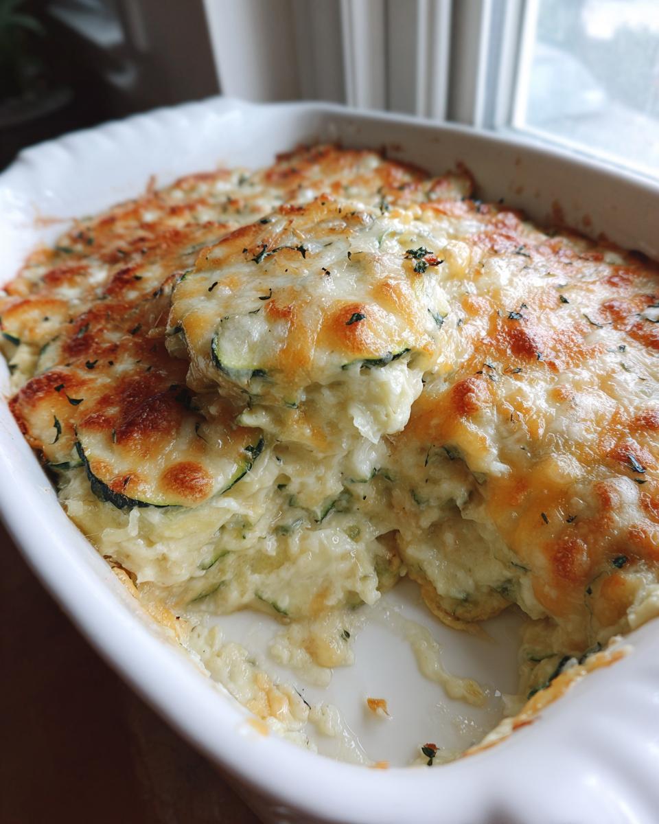 A scoop has been taken from the Addictive Zucchini Casserole, showing creamy interior and golden melted cheese topping.