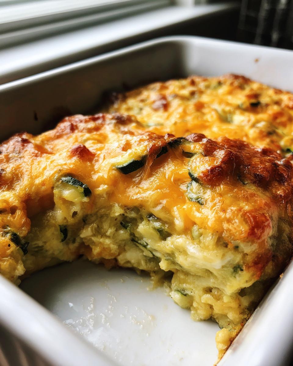 A close-up view of the golden-brown, cheesy top of the Addictive Zucchini Casserole, showing a portion has been scooped out.