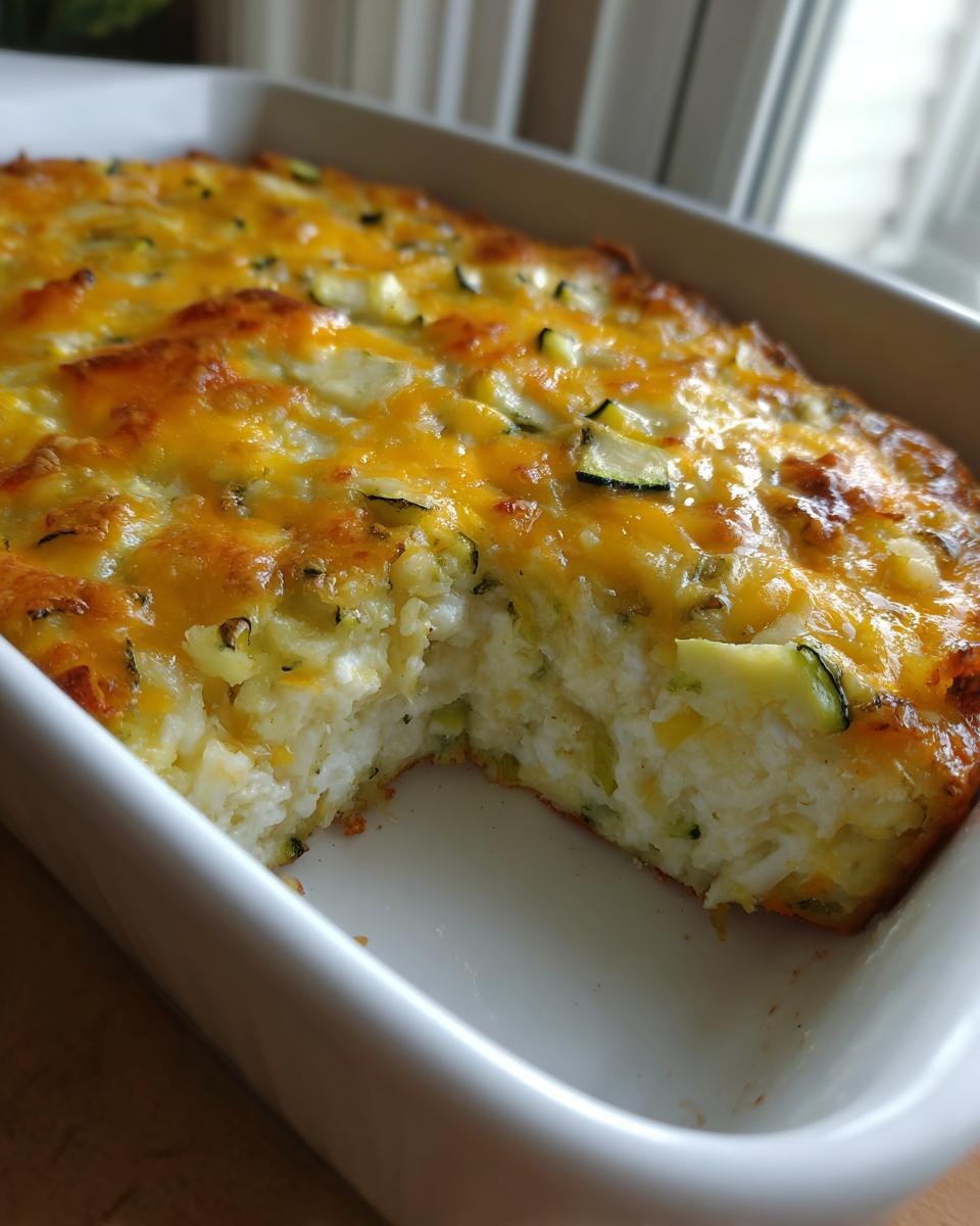 A portion removed from the Addictive Zucchini Casserole showing the creamy interior and golden cheese topping.